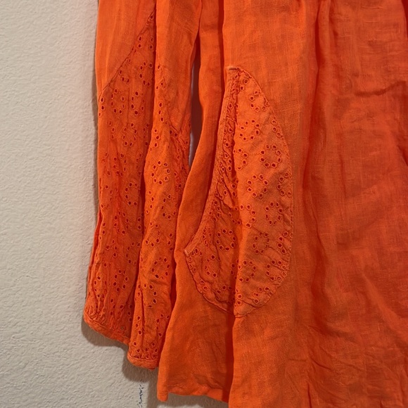120% Lino Orange Linen Eyelet Detail Blouse SZ 40/US XS EUC - Picture 3 of 8